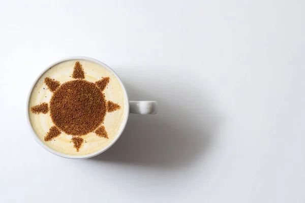 Heißer Cappuccino Kaffee Mit Sonnensymbol Latte Art Weißer Tasse — Stockfoto