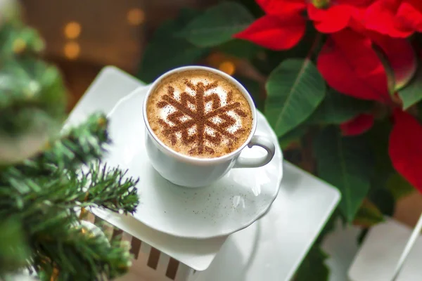 Cappuccino Snowflake Latte Art Milk Foam Christmas Holidays — Stock Photo, Image