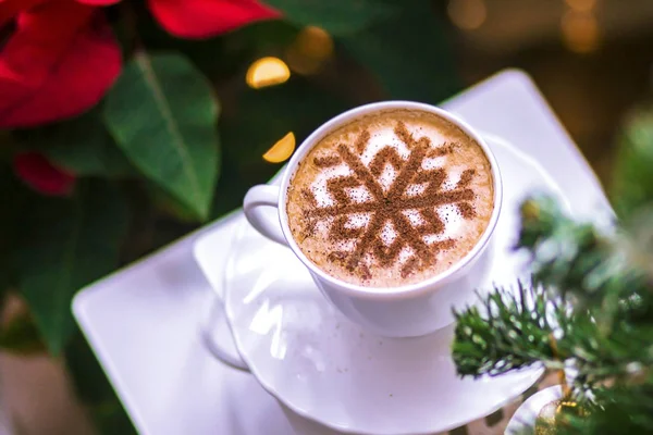 Cappuccino Snowflake Latte Art Milk Foam Christmas Holidays — Stock Photo, Image