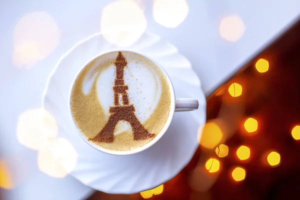 Coffee Cappuccino White Cup Cinnamon Eiffel Tower Pattern White Foam — Stock Photo, Image