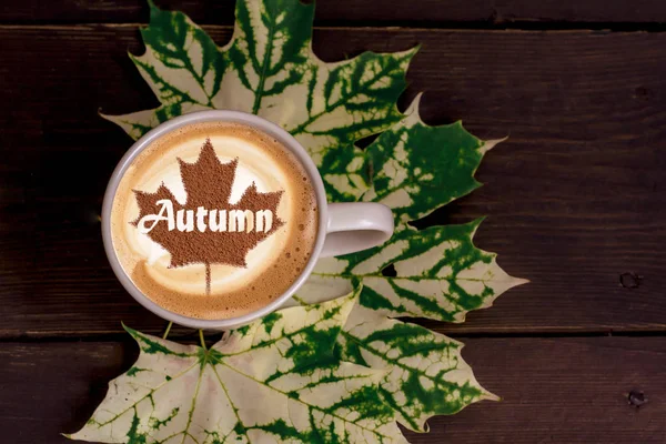 Autumn leaves pattern with coffee cup. Flat lay.
