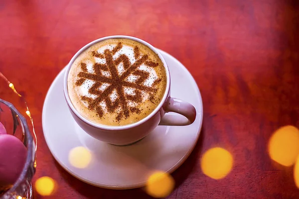 Cappuccino Pattern Snowflakes Cinnamon Milk Foam Christmas Holidays — Stock Photo, Image