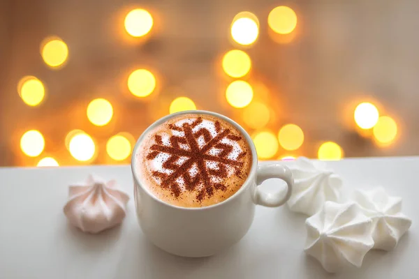 Cappuccino Pattern Snowflakes Cinnamon Milk Foam Christmas Holidays — Stock Photo, Image