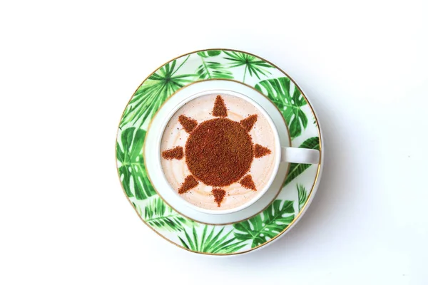 Varmt Cappuccino Kaffe Med Sol Symbol Latte Konst Vit Kopp Royaltyfria Stockfoton