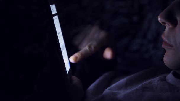 Young Man Using His Mobile Phone Bed Dark Room Thin — Wideo stockowe