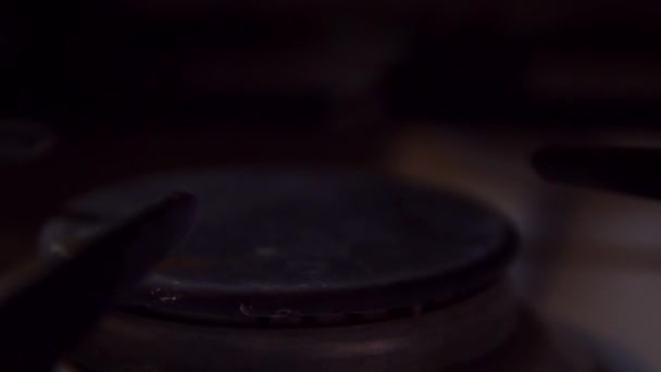 燃烧的气体 煤气炉燃烧器 在厨房里的呼噜声 现代厨房炉灶用蓝色火焰烧制而成 — 图库视频影像