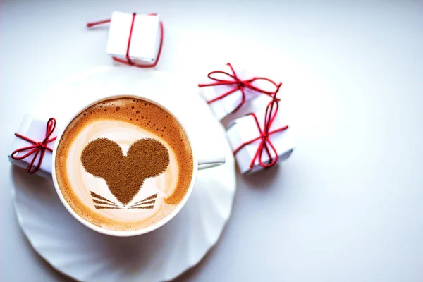 Top View Hot Coffee Cappuccino Latte Art Ceramic Glass — Stock Photo, Image