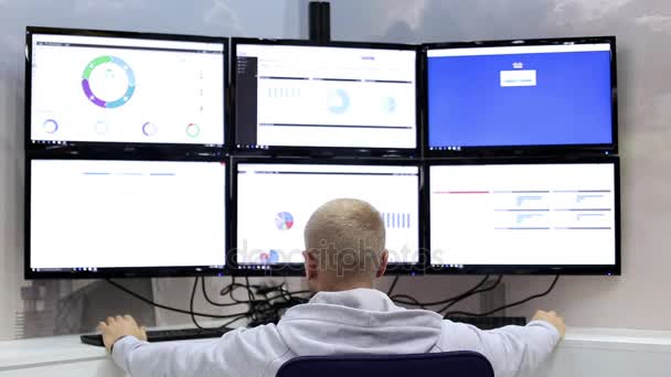 Un hombre que trabaja con múltiples monitores — Vídeo de stock