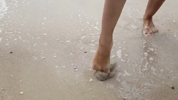 Girl draws a heart on the sand near the sea — Stock Video