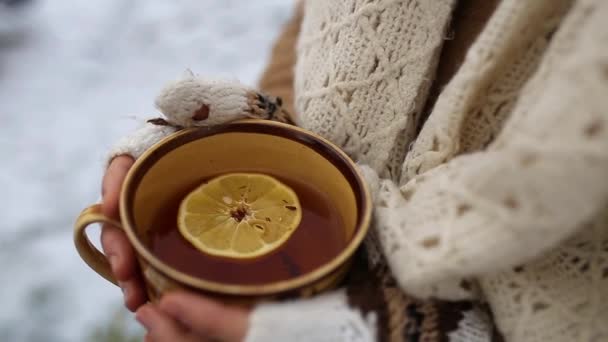 Taza de té en las manos de las niñas de cerca — Vídeo de stock