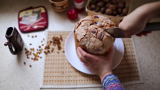 Fille coupe un morceau de gâteau — Video