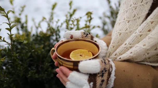 Girl with a cup of tea outdoors in winter — Stock Footage Girl Cup Tea Outdoors Winter Video Clip