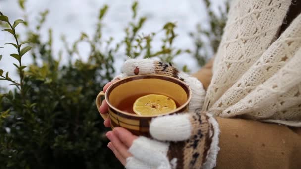 Mädchen Mit Einer Tasse Tee Winter Freien — Stockvideo