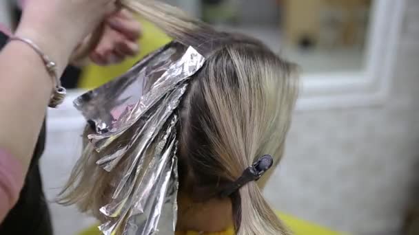 Salon Fryzjerski Przygotowuje Włosy Malowania — Wideo stockowe