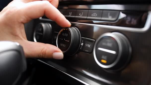 Side Panel Car Girl Hand Presses Buttons Dashboard — Stock Video