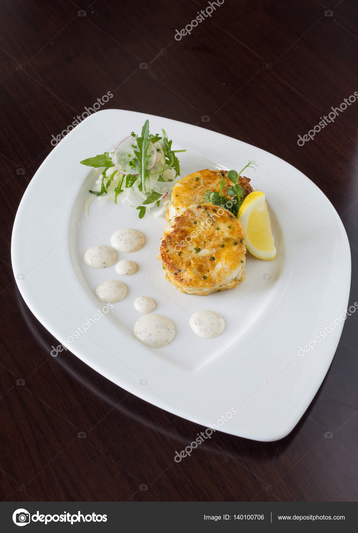 Beautiful Fresh Golden Fish Cakes Served Wedge Lime Dill Sauce Stock