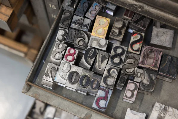 Vintage lead letterpress printing blocks against a weathered metal drawer background with bokeh.