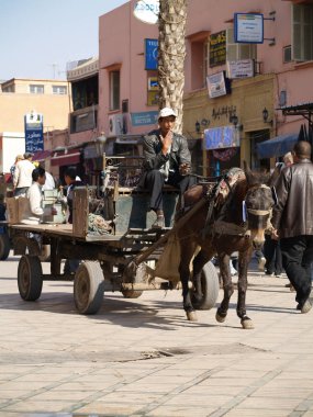 Marakeş meydanı, Fas, 05/05/2015, Eşek arabasıyla arap bir adam, çarşıya mal taşıyor.