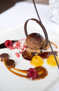 El yapımı gurme çikolata ve kahve dondurma tatlı, bir hassas çikolata yüzük, taze ahududu, portakal şerbeti ve şekerleme sos ile.