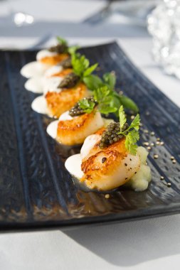 Delicious pan seared organic scallops, served with celery puree, caviar, parsley and white wine cream sauce. Presented professionally and shot with a shallow depth of field. clipart