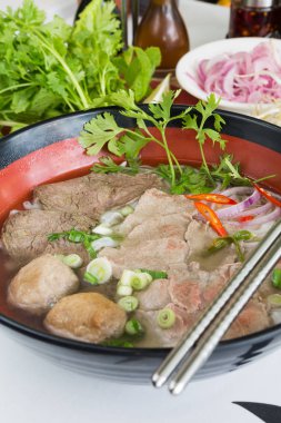 Geleneksel Vietnam sığır eti ve tavuk pho sokak gıda taze otlar tarafından çevrili, kâse. Pho et, otlar, biber, kişniş ve köfte oluşan bir Vietnamlı erişte çorbası mı