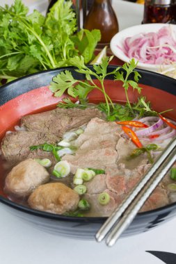 Geleneksel Vietnam sığır eti ve tavuk pho sokak gıda taze otlar tarafından çevrili, kâse. Pho et, otlar, biber, kişniş ve köfte oluşan bir Vietnamlı erişte çorbası mı