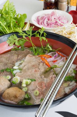 Geleneksel Vietnam sığır eti ve tavuk pho sokak gıda taze otlar tarafından çevrili, kâse. Pho et, otlar, biber, kişniş ve köfte oluşan bir Vietnamlı erişte çorbası mı