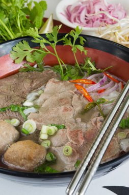 Geleneksel Vietnam sığır eti ve tavuk pho sokak gıda taze otlar tarafından çevrili, kâse. Pho et, otlar, biber, kişniş ve köfte oluşan bir Vietnamlı erişte çorbası mı