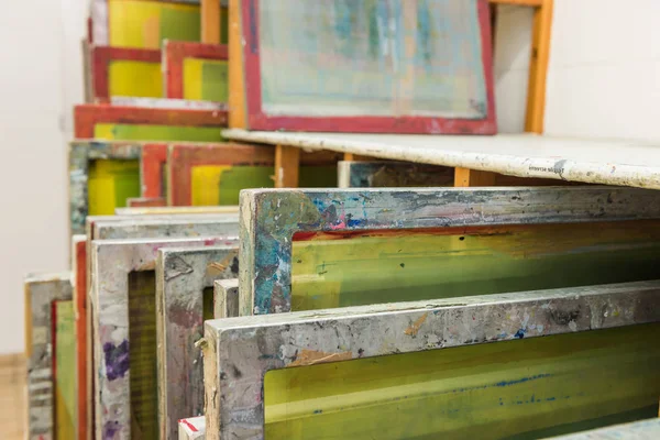 Silk Screen Printing Screens Stored Wooden Rack Ready Printing — Stock Photo, Image