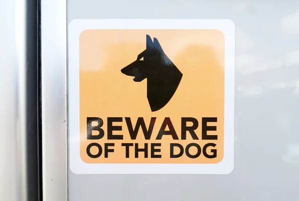 Yellow Beware Dog Sticker Sign Alerting Guard Dogs Property Guard — Stock Photo, Image