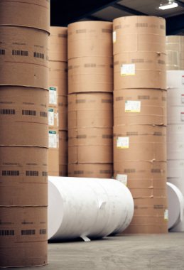 Endüstriyel tuvalet kağıdı ve kağıt üretim fabrikasında büyük bir kağıt yığını. Çiğ kağıt zarflar, gazete ve tuvalet kağıdı gibi çeşitli ürünlere dönüştürülür..