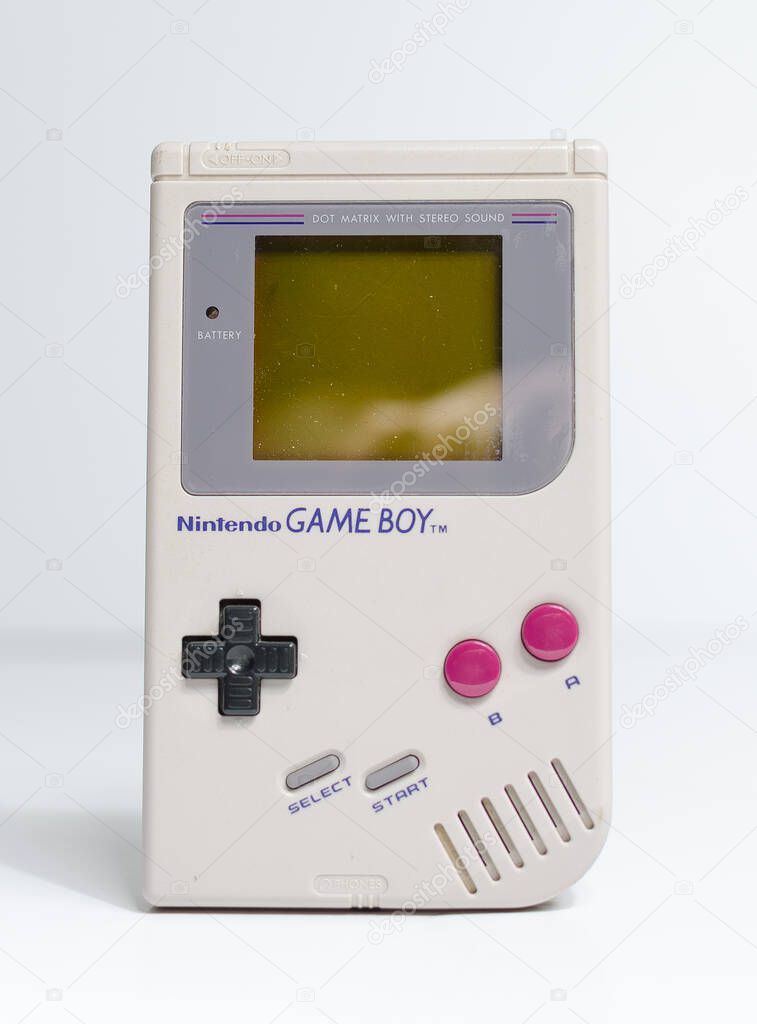 London, england, 05/05/2019 A retro hand held nintendo gameboy game boy original, front on angle, isolated on a white studio background. Nintendo vintage famous iconic portable video game device.