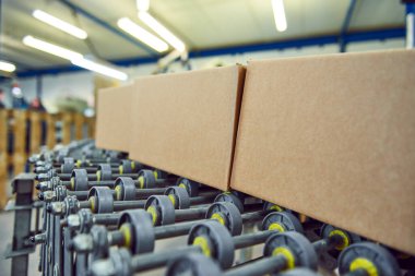 Tam otomatik bir çevrimiçi perakende satış deposunda endüstriyel paten kayışında teslimat paketleri. Ticari çevrimiçi satışları insan işgücü olmadan kolayca hareket ettirebilmek için paten taşıyıcı..