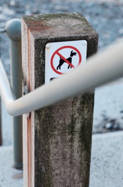 Bir turist plajında köpeklerin kumda ve kıyıda yürümesinin yasak olduğunu gösteren bir tabela. Köpekler özel ve umumi yerlerde yasaktır. Köpek kumsalı tüm dünyada yasaklandı..