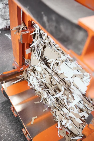 A paper recycling factory plant shredding machine, shredding waste paper into square bails, ready to be pulped and reused. Recycle waste materials to offset pollution and save the planet.