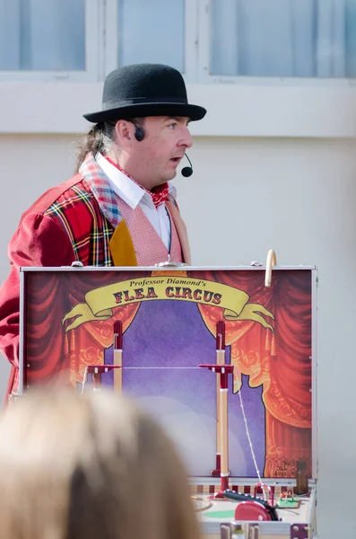London England 2019 Блошиний Цирковий Артист Збільшувальним Склом Розважальних Дітей — стокове фото