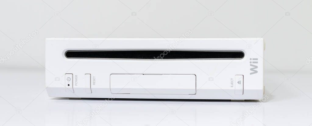 London, england 05/052019 Nintendo wii Console on a white isolated background. iconic retro vintage video gaming machine. Japanese technology family gaming fun.