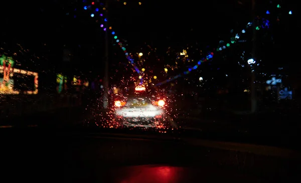 Abstract Painterly Rain Drops Car Window Vibrant City Street Lights — Stock Photo, Image