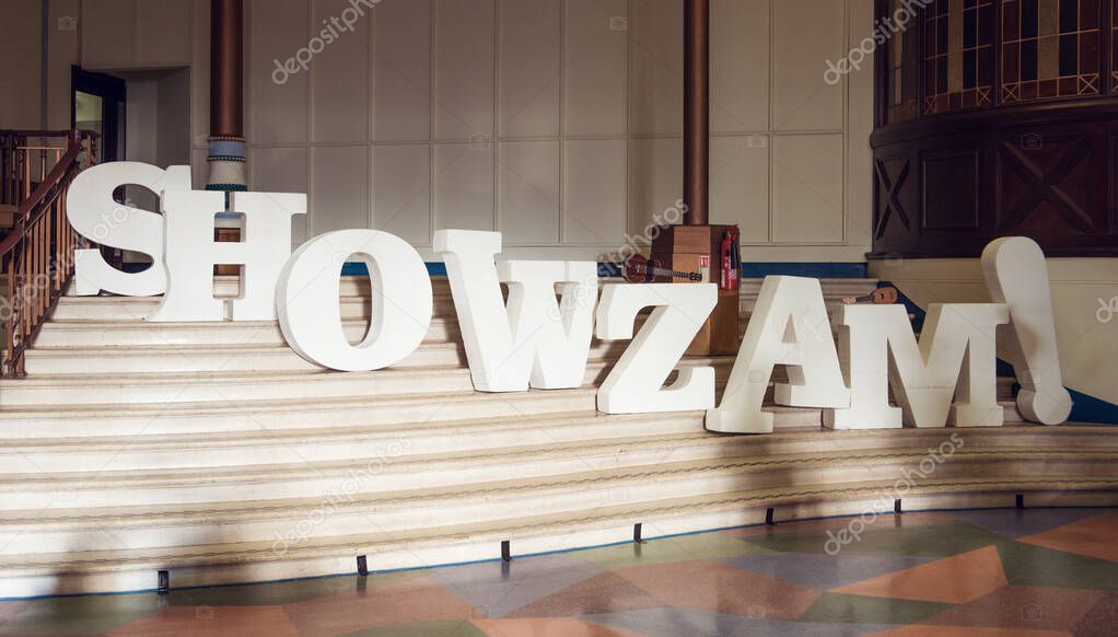 Blackpool, england, 05/05/2018 Showzam creative entertainment street performance festival signage on the stairs at the famous winter gardens theatre. blackpool entertainment. big 3d sign letters showzam festival.
