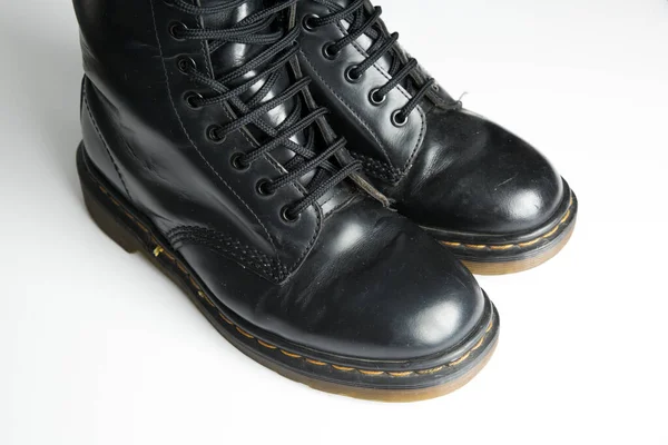 London England 2019 Martens 1460 Black Leather Boots Eye Lace — Stock Photo, Image