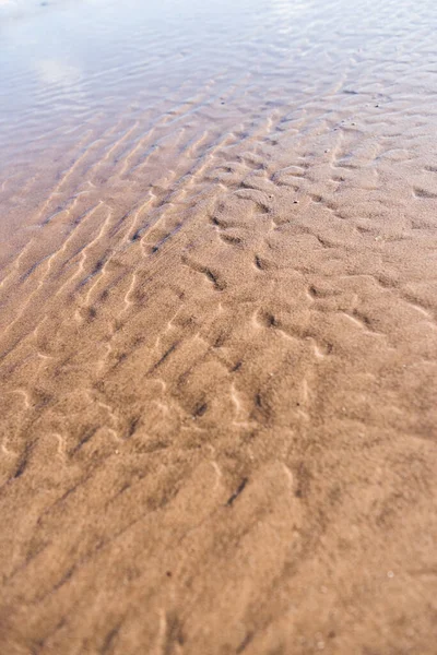 Ripple textures in the sand at sunset on a warm golden beach. random marks in the sand made by the ocean waves power. nature beauty art