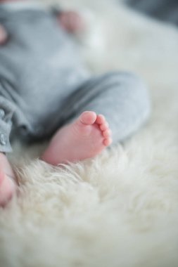Sığ bir tarlada çekilmiş güzel, yumuşak, narin, genç bir bebek ayağı. Sakin renkler ve hisset. Bebek bakımı ve refah. Bebek ayakları krem bir halıda.