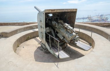 Barselona, İspanya, 02 / 05 / 2017, Barselona liman kalesindeki Castell de Montjuic kalesinde uçaksavar tüfeği. Barselona 'da İspanyolca site gezisi