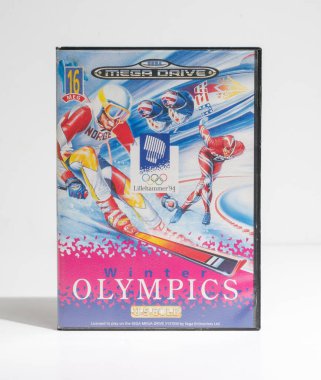 Londra, İngiltere, 05 / 05 / 2019 kış olimpiyatları lillehammer 1994 sega mega-drive video oyunu kartuşu, Retro ve 1990 'lardan kalma klasik konsol sporu oyunu. ABD Altın Yazılım Şirketi. 