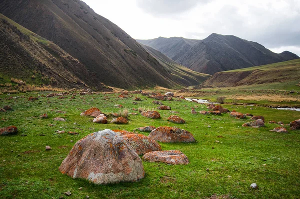 Het landschap van de vallei van het groene bergen. Grote stenen op de voorgrond. Bergtoppen op de achtergrond — Stockfoto