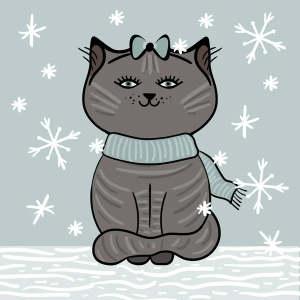 Сірий кіт з блакитним шарфом сидить на снігу під падаючими сніжинками — стоковий вектор