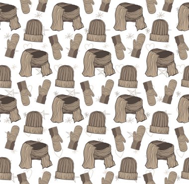 Şapka, eldiven ve atkı seamless modeli. Kahverengi kahve aralığı.