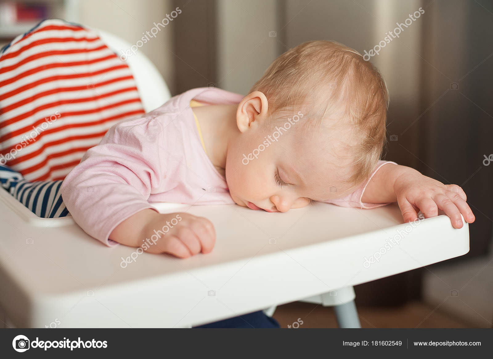 Tired Child Sleeping In Highchair After The Lunch Cute Baby Girl Tired Child Sleeping In Highchair After The Lunch Cute Baby Girl Over Eating And Fall