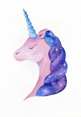 Sevimli uzay pembe tek boynuzlu at. Popüler çizgi film at. Sulu Boya tek boynuzlu at beyaz kağıt arka plan üzerinde izole. Korku veren, sihirli bir hayvan. Baskı, duvar kağıdı, poster, hediye