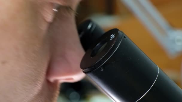 Close up of scientist looking microscope eyepiece. Close-up of scientist looking through microscope. Lab doctor looking microscope. Laboratory. — Stock Video